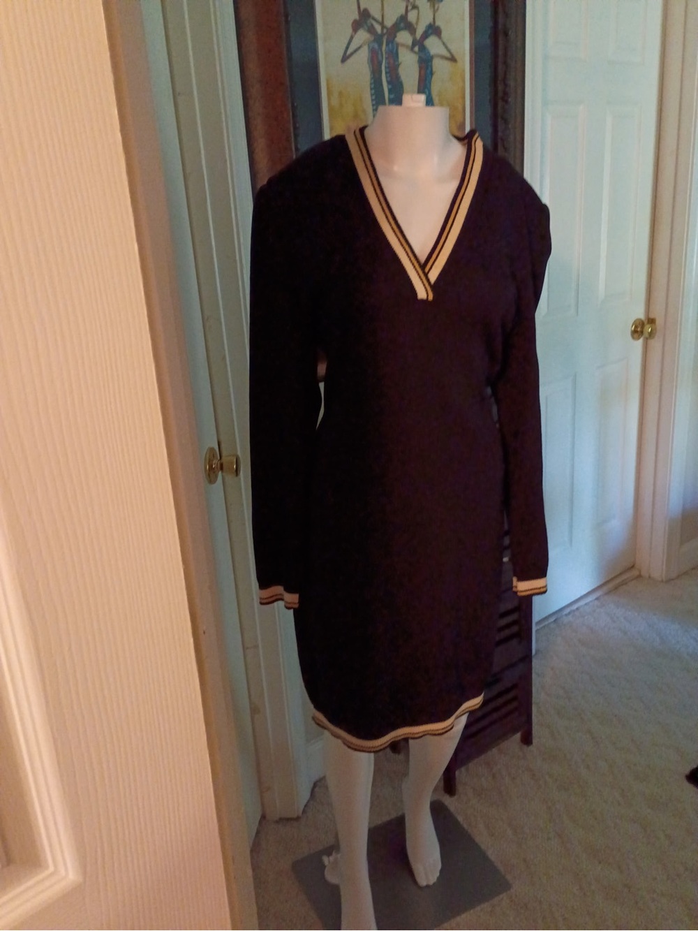 St. John Black V-Neck Knit Dress with Gold Trim